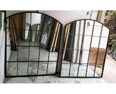 ARCHITECTURAL WALL MIRRORS, a pair, aged metal frames, 92cm x 76cm each. (2) 