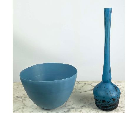 RINA MENARDI, turquoise ceramic bowl, along with a blue black speckled glass vase, 47cm H. (2) 