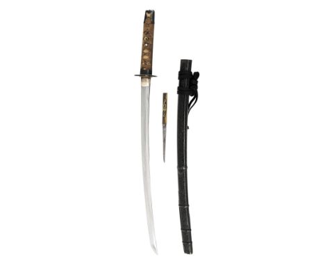 A JAPANESE WAKISASHI, late Edo period with 20 1/2in. signed blade, visible hamon of near 'crashing wave' style, white metal h