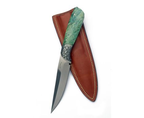 R. GASTON, USA A HAND-ENGRAVED SPORTING-KNIFE, with double-edged clip-point 4 1/2in. blade, Spanish notch near bolster, the b