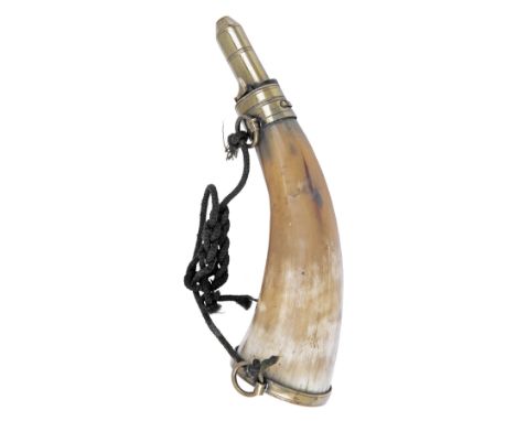 A SCARCE HORN POWDER-FLASK FOR A VOLUNTEER BAKER FLINTLOCK RIFLE, muster no. G47, early 19th century, with cow-horn body, bra