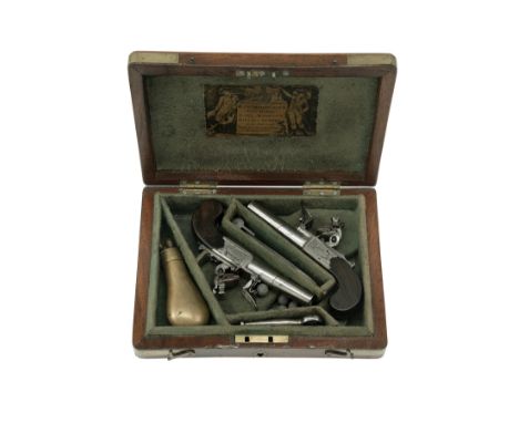 A CASED PAIR OF 80-BORE FLINTLOCK MUFF PISTOLS BY H.W. MORTIMER, LONDON, circa 1815, with round tapering smoothbore 1 3/8in. 
