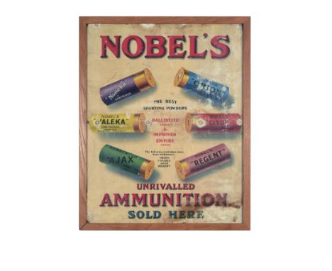 A RARE LARGE GLAZED ADVERT FOR NOBEL POWDER AND CARTRIDGES TOGETHER WITH A GLAZED 'BRITISH FIELD SPORTS' PRINT, the first pre