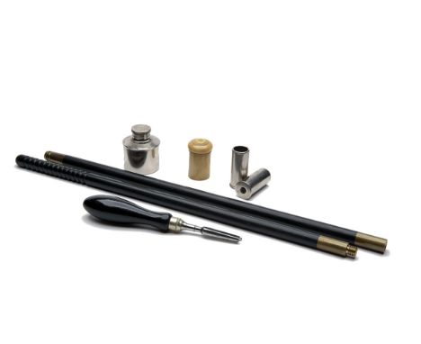 A COLLECTION OF GUNCASE ACCESSORIES, comprising of a two-piece cleaning rod, an oil bottle, a pair of 12-bore snap-caps (all 