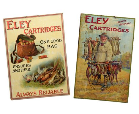 TWO RARE LARGER SIZE WALL-HANGING ADVERTS FOR ELEY CARTRIDGES, both pre World War Two, the first an iconic image of a farmer 