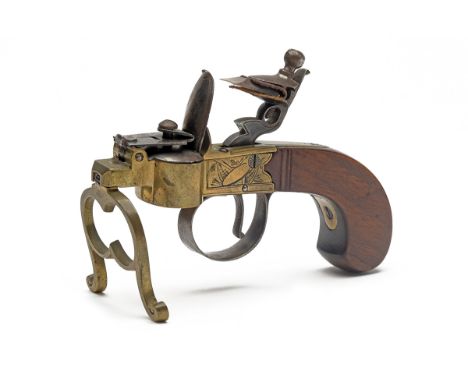 AN ENGLISH FLINTLOCK TINDER-LIGHTER, circa 1830, of brass construction with forward mounted offset pan, central cock and guar