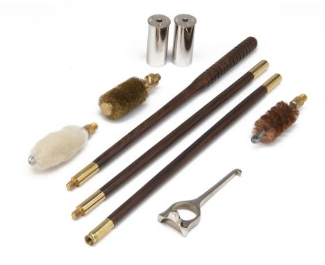 A COLLECTION OF UNUSED 12-BORE GUNCASE ACCESSORIES, comprising of a three-piece cleaning rod, a pair of 12-bore nickel-plated