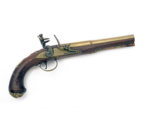 A RARE 25-BORE PAKTONG-MOUNTED FLINTLOCK PISTOL BY GRICE, circa 1770, with paktong two-stage 8in. barrel of Spanish form slig