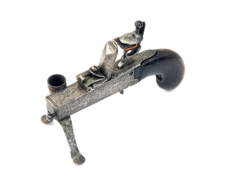AN ALL-STEEL FLINTLOCK TINDER-LIGHTER SIGNED KLETT, POTSDAM, last quarter of the 18th century, with square-formed body engrav