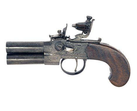 A 50-BORE FLINTLOCK TAP-ACTION DOUBLE-BARRELLED POCKET PISTOL SIGNED BURGESS, no visible serial number, circa 1815, with plai