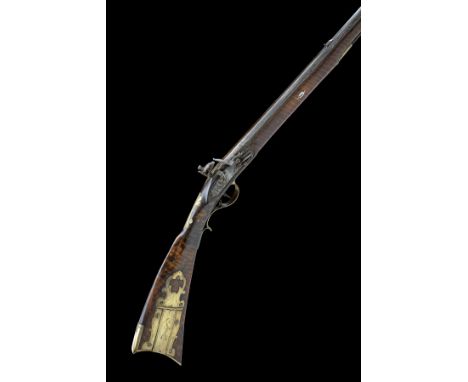 A .45 FLINTLOCK NORTH AMERICAN PLAINS-RIFLE, no visible serial number, circa 1820, with octagonal 43 3/4in. barrel, traces of