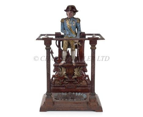 A CAST IRON NELSON STICK STAND, CIRCA 1890the Admiral depicted full length and finished in polychrome, on hippocamp base insc