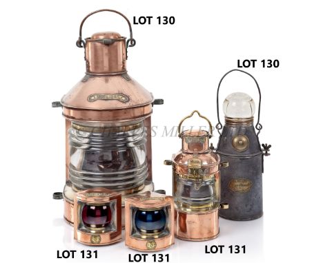 A SET OF COPPER AND BRASS NAVIGATION LAMPScomprising port and starboard wingbridge lamps with electric fittings and maker's l