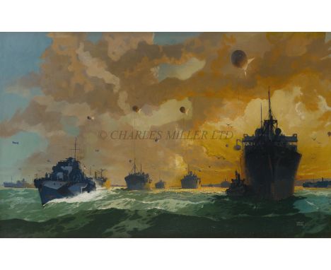 LESLIE CARR (BRITISH, 1885-1948)A convoy mustering in Scapa Flow at dusk protected by barrage balloons with a dazzle camoufla