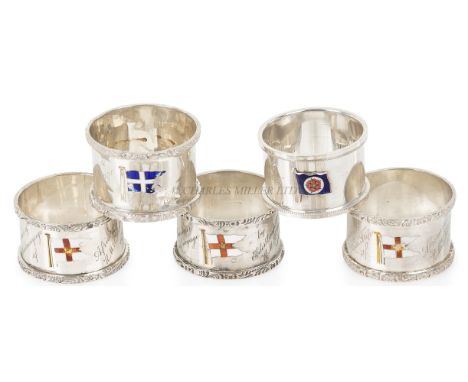 FIVE SILVER SHIP'S NAPKIN RINGS FOR ELDER DEMPSTER LINEScomprising R.M.S. Karina, engraved Souvenir of Trial Trip, 1905; R.M.