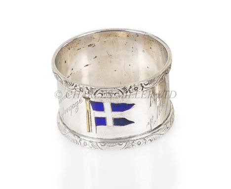 A SILVER SHIPPING COMPANY'S NAPKIN RING FOR S.S. MENDIby Walker &amp; Hall, hallmarked for Sheffield 1905, bearing the colour