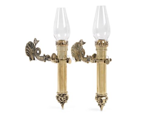 A PAIR OF 20TH CENTURY GIMBALLED SALOON CANDLE LAMPSconstructed in polished brass with removable sprung candle sockets, weigh