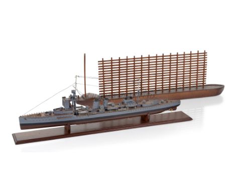 AN INTERESTING 1:192 SCALE SHIP MODEL OF THE 'DANAE'-CLASS LIGHT CRUISER H.M.S. DRAGON WITH GUNNERY PRACTICE TARGET BARGE, CI