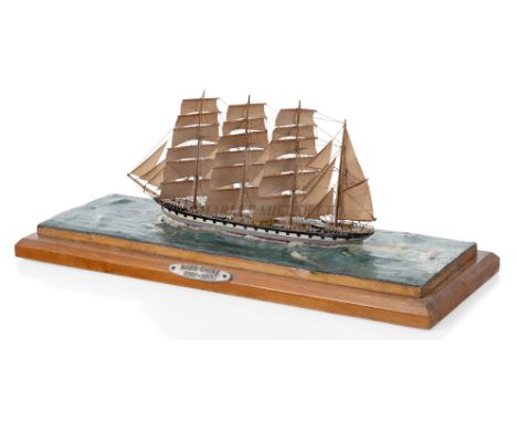 A GOOD SAILORWORK MINIATURE WATERLINE SHIP MODEL OF THE FOUR-MASTED BARQUE ROSS-SHIRE, CIRCA 1900with 10in. carved hull, carv