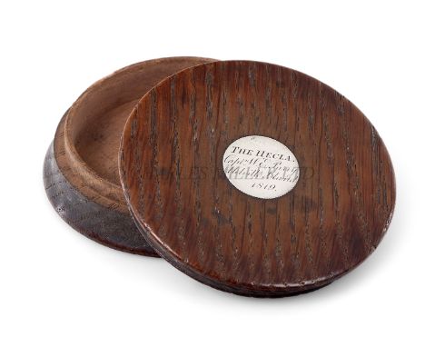 A RARE SILVER-MOUNTED SNUFF BOX MADE OF OAK FROM SIR WILLIAM PARRY'S ARCTIC SHIP HECLA, MELVILLE ISLAND, 1819turned in two se
