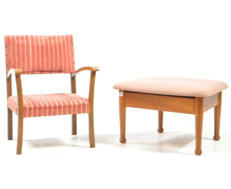 A vintage mid 20th century teak sewing box ottoman footstool, alongside childs chair. The sewing box raised on shaped support