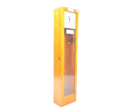 Siemens - Long case mid century master electric clock. Housed in a teak body with glazed panel front, white face with ebonise