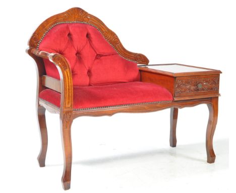 A reproduction Italian rococo revival mahogany hall / telephone table settle seat. Button backed in red upholstery with carve