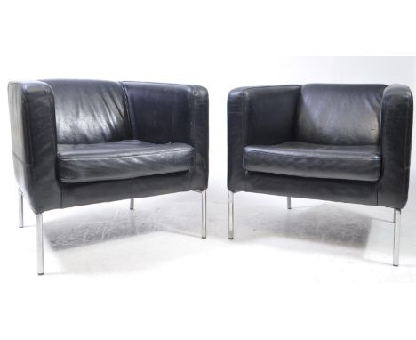 Ikea, Sweden - Klappsta - Two vintage 20th century leather armchairs. Tub chair with back rest and seat, flat tall elbow rest