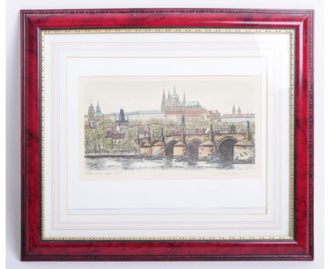 A 21st century (2000) coloured etching of the Charles Bridge in Prague. Titled and signed by the artist in pencil below the p