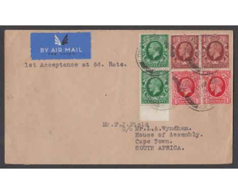 1934 (Nov 19th) Air Mail cover bearing photo ½d (2), 1d (2) & 1½d (2) cancelled with London F.S. Air Mail cds to South Africa