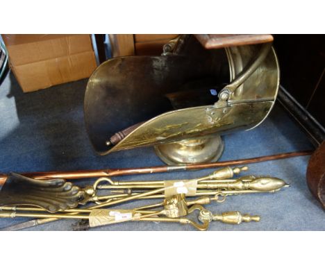 A SET OF BRASS FIRE TOOLS, others similar, a brass coal scuttle and a copper horn