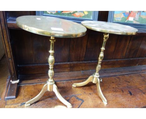 A PAIR OF BRASS MINIATURE TRIPOD TABLES, 40cm high