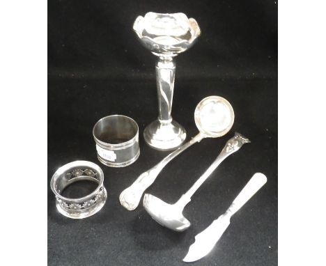 A PAIR OF VICTORIAN SILVER SAUCE LADLES, London, 1861, a silver bud vase (filled), a mother--of-pearl handled knife and two n