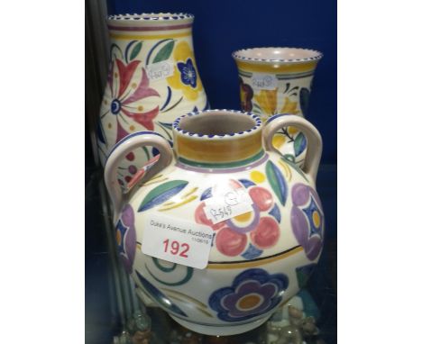 POOLE POTTERY; THREE TRADITIONAL HAND-PAINTED VASES, two with impressed marks