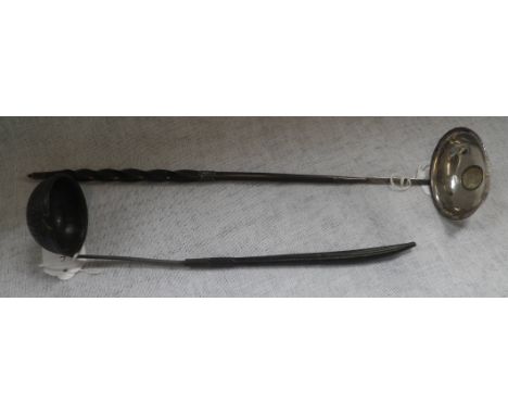 A GEORGE III SILVER PUNCH LADLE with twisted Baleen handle, the bowl inset with a coin and another ladle, 35cm (2)