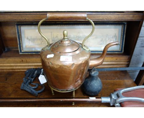 A 19TH CENTURY COPPER KETTLE,  a brass trivet a steelyard and a shooting stick