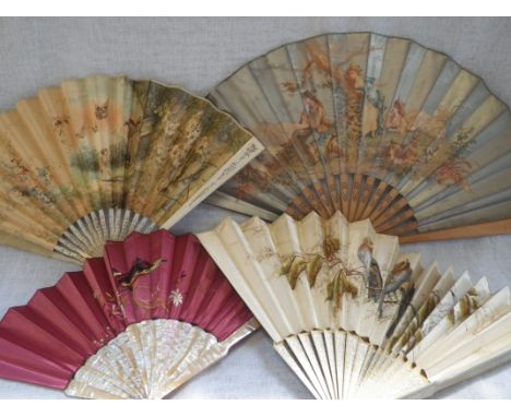 A LARGE 19TH CENTURY SILK FAN painted with birds on branches (one guard broken) a similar wooden and paper fan, printed with 