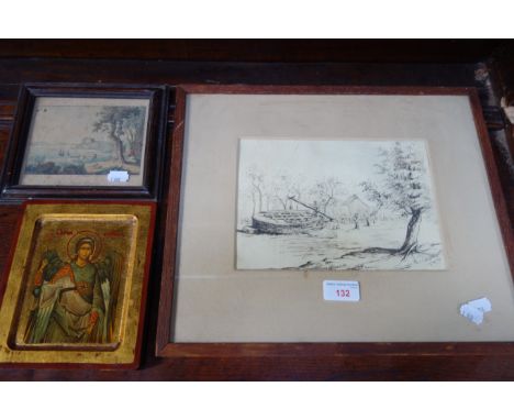 A MODERN COPY OF A BYZANTINE ICON, a 19th Century print and a 19th century ink drawing of an Indian scene