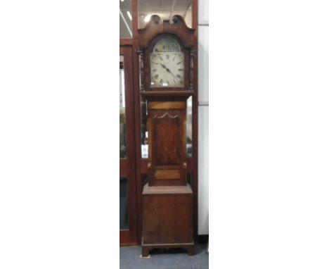 A 19TH CENTURY OAK AND MAHOGANY LONGCASE CLOCK with 30 hour movement and painted dial, 222cm high