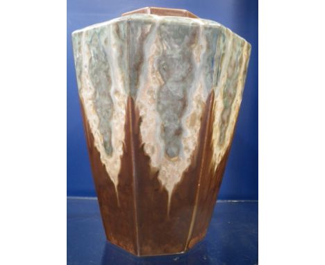 AN ART DECO OCTAGONAL VASE green and brown stylised glaze, scratched, 'REVERNAY' to the base, 23cm high