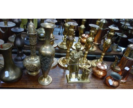 A PAIR OF DUTCH STYLE FIVE LIGHT CANDELABRA and other brassware