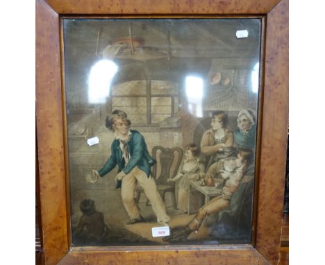 AN EARLY 19TH CENTURY PRINT of a cottage interior with figures in a simulated maple frame