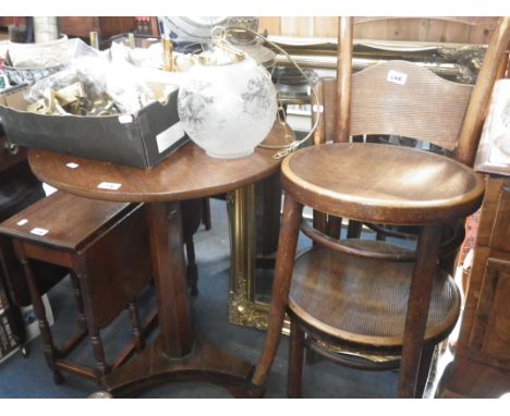 A 19TH CENTURY OAK TRIPOD TABLE, a pair of bentwood chairs, a gilt framed mirror and a table (as lotted)