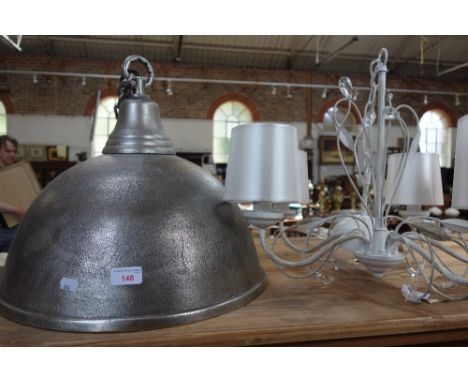 AN INDUSTRIAL STYLE CAST ALUMINIUM HANGING LIGHT FITTING and a five branch chandelier