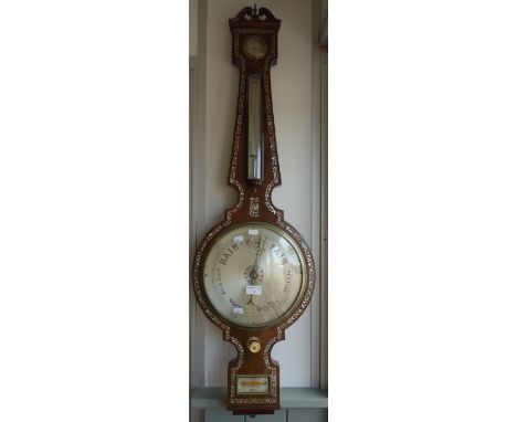 A 19TH CENTURY ROSEWOOD INLAID WHEEL BAROMETER with silvered dial by G Taroni of Hull, 111cm long