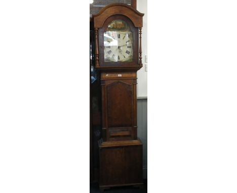 A 19TH CENTURY OAK AND MAHOGANY CROSSBANDED LONGCASE CLOCK, the painted face decorated with castles, 216cm high (running)