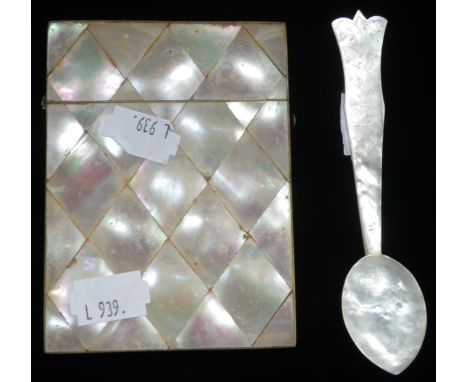 A VICTORIAN MOTHER OF PEARL CARD CASE and a similar spoon (2)