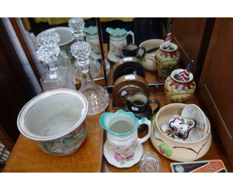 A 1930'S MANTEL CLOCK, a Denby pint jug stamped 'G P O' and other items