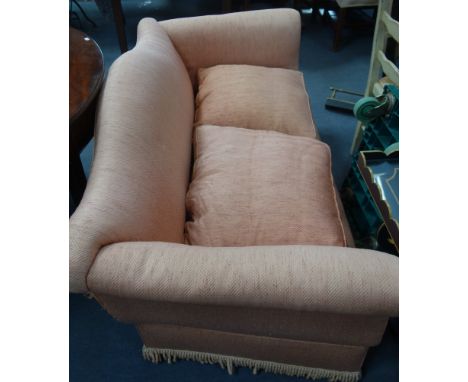 A SMALL TWO SEATER SOFA with pink herringbone upholstery, 164cm wide