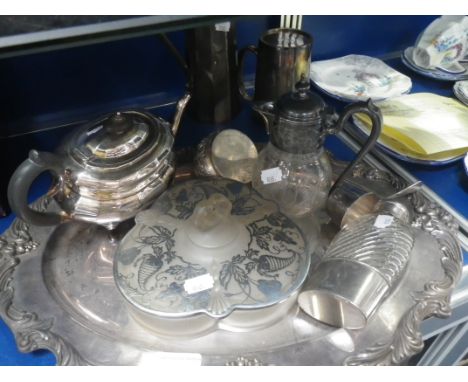 A SILVER PLATED TRAY, a hip flask and similar plated wares